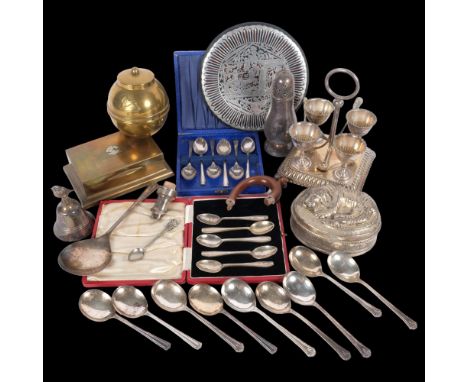 A box containing silver plated egg cruet stand, loose cutlery, brass Lipton's tea caddy, cased cutlery, etc 