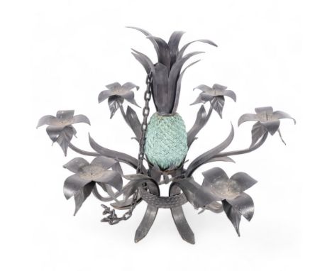 A large 6-branch metal chandelier, floral candle holders with pineapple centrepiece display, H50cm 