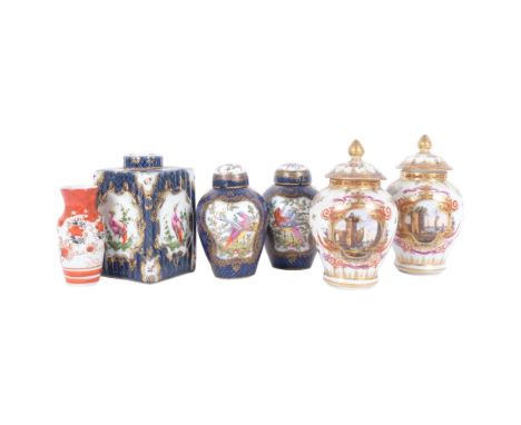 A pair of English porcelain jars and covers, H10cm, both with blue anchor mark, a similar caddy and cover, blue back stamp, a