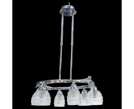 Vintage Art Deco style chrome ceiling light fitting, with moulded glass shades, diameter 47cm 