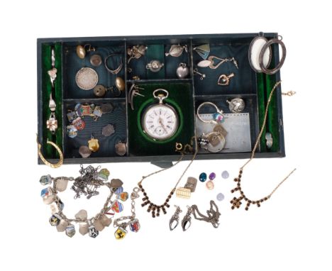 A tray of assorted costume jewellery, including a silver charm bracelet, pocket watch, photo locket, earrings, etc 