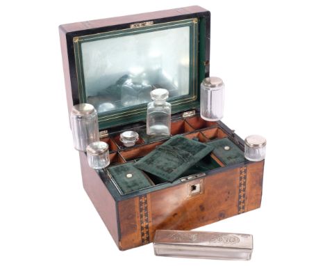 An Antique walnut and satinwood-banded travelling vanity case, with inlaid mother-of-pearl decoration, green felt inserts wit