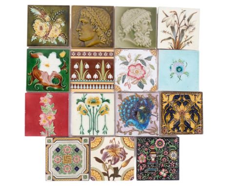 A green Minton portrait tile, 15cm, another portrait tile, a Minton's tile with snowdrop design, and other Art Nouveau and Vi