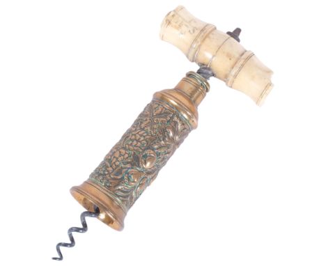 An Antique Thomason corkscrew with bone handle (missing its brush), with floral embossed brass body