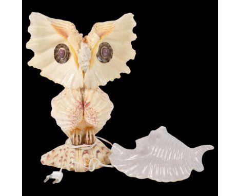 A Poole Pottery seashell ceramic display, and an ornate table lamp in the form of an owl, made from various seashells, H30.5c
