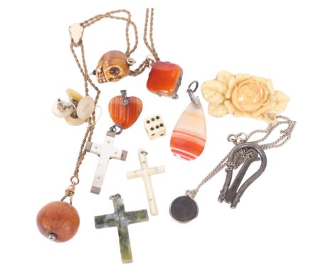 A box of various jewellery, including a gilt-metal guard chain set with an opal seed pearl and ruby yellow metal slide, and h