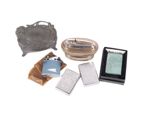 A collection of various lighters, including Zippo, a Ronson table lighter, pewter caddy, etc 