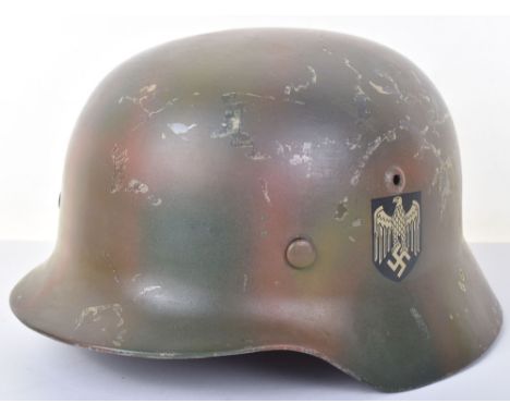 WW2 German Army Camo Helmet; Original helmet with post war camo decal finish and liner. Post War Representation, sold as view