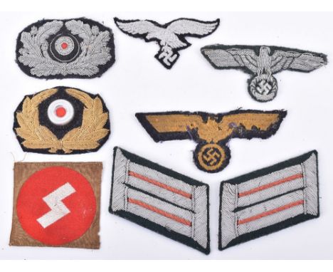 WW2 German Cloth Badges; A match pair of army collars, army officers breast eagle, Luftwaffe cap eagle, officers cap wreaths 