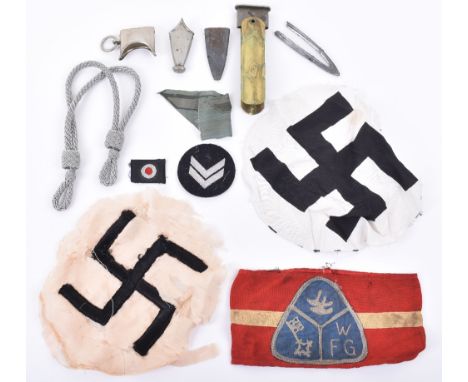 Mixed German Items;  Dagger scabbard parts, cap cord, period arm band and cloth badges. 8 items  