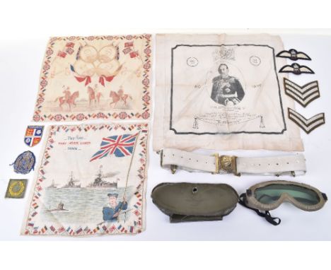 Mixed Items; Badges, army brass buckle on white leather belt, handkerchiefs and sun goggles. 12 items 