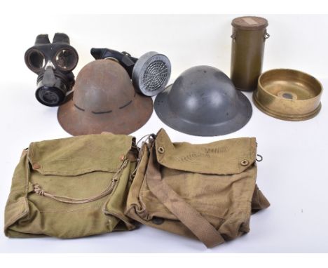 WW2 Equipment; German civil gas mask, army gas mask bags, helmets and other items. 8 items 