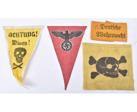 WW2 German Militaria; German army arm band  and three pennants . We believe these to post war examples sold as viewed. 4 item