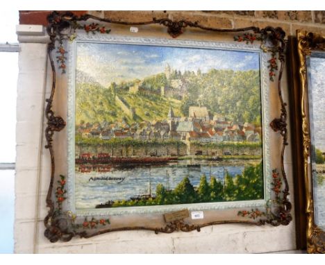 R STANDISH SWEENEY: 'On the Banks of the Neckar, Hirschhorn', oil on canvas in a painted and gilt frame