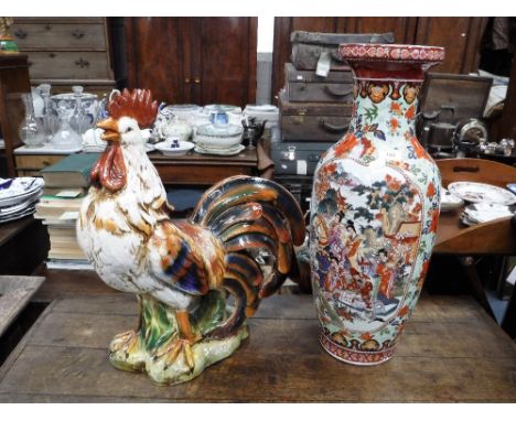 A LARGE GLAZED AND BRIGHTLY DECORATED CERAMIC COCKEREL,  21" high and an Oriental Vase, 23.5" high (2)