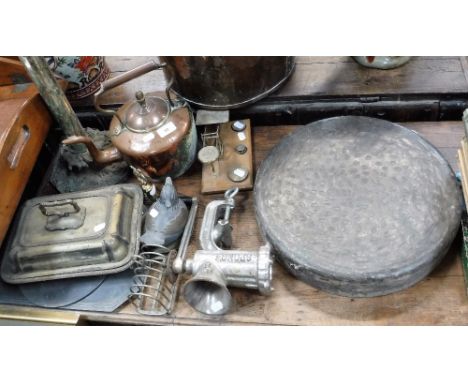 A BRASS GONG, a Victorian brass lamp base and similar metalware 