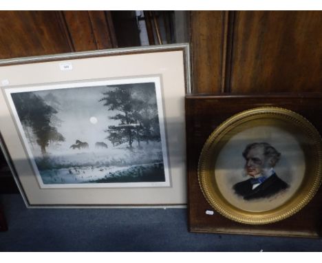 A VICTORIAN PASTEL PORTRAIT of a gentleman in a gilt frame and a signed aquatint of horses in the mist 'F Hilon'