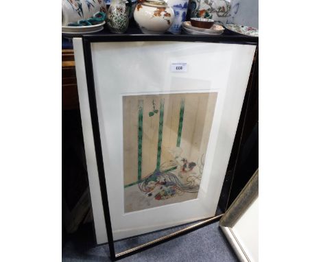 A JAPANESE PRINT OF TWO DOGS PLAYING 