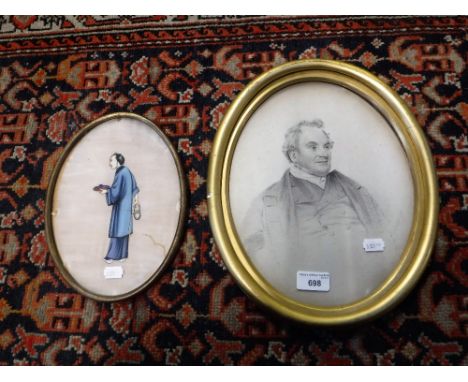 A CHINESE PITH PAPER PAINTING of a man with a tea kettle, and a gilt framed lithograph of a Victorian gentleman