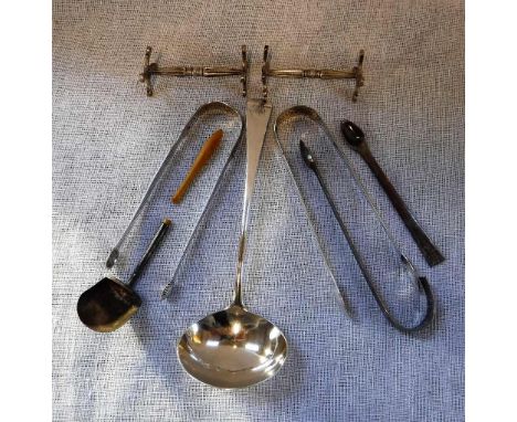 A GEORGE III SILVER SAUCE LADLE with engraved initials, London 1795, a pair of silver knife rests and other silver