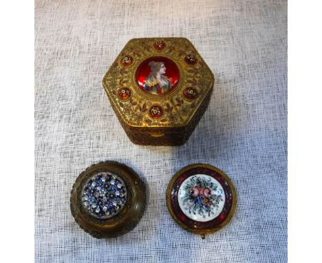 A GILT METAL HEXAGONAL BOX, set with enamel portrait and two similar items