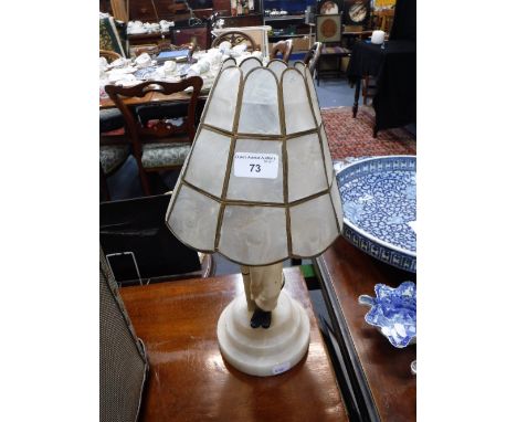 AN ART DECO ALABASTER TABLE LAMP, with a figure of lady skier in period dress 