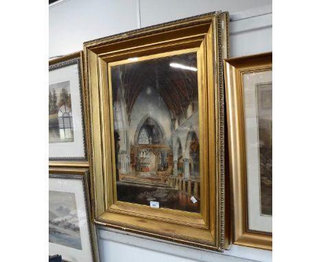 T R GALLON: 'St Paul's, Maidstone' church interior, signed and dated 1899, in a gilt frame