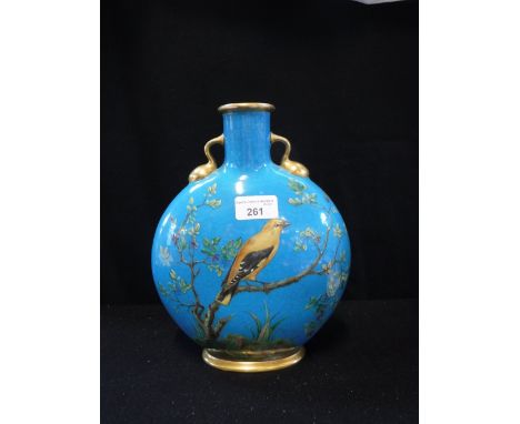 A MINTON'S TURQUOISE GLAZE MOON FLASK, painted with birds on a branch, with indistinct mark to the base, 10'' high