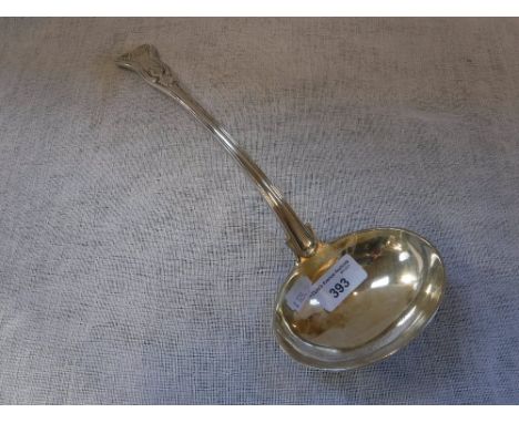 A HEAVY VICTORIAN SILVER LADLE, double struck Kings pattern, London 1897, 33cms