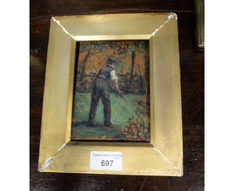 ENGLISH SCHOOL 19TH CENTURY; AN OIL SKETCH OF A GARDENER with a rake, wearing a bowler hat, painted on panel