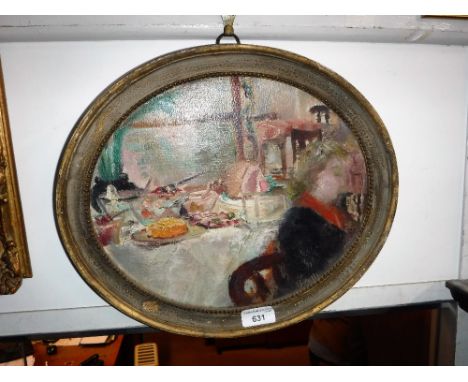 AN OIL ON BOARD SKETCH of a woman sitting by a table laden with food in an oval gilt frame