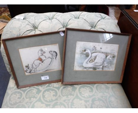 A VICTORIAN WATERCOLOUR OF A PUPPY AND A KITTEN PLAYING on a rocking horse and a similar watercolour 