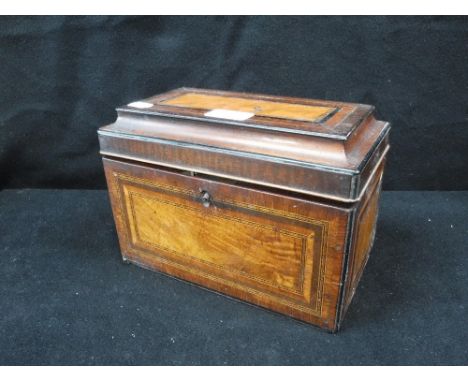A GEORGE III TEA CADDY, with parquetry and crossbanded panels, the interior fitted with three containers, 9.5" wide