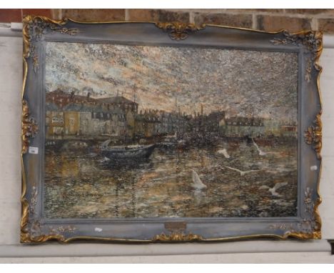R STANDISH SWEENEY: 'Dusk, Weymouth Harbour', oil on canvas in coloured and gilt frame