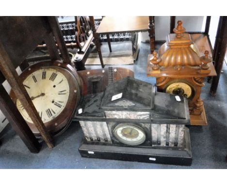 A VICTORIAN SLATE CASED MANTEL CLOCK, a walnut cased mantel clock and a 19th century wall clock (examine)
