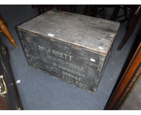 A 19TH CENTURY PINE TRUNK inscribed 'To Mrs Brett, Briantspuddle, Nr Dorchester Dorset England
