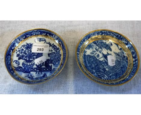 TWO SIMILAR WORCESTER BLUE AND WHITE SAUCERS with gilt highlights