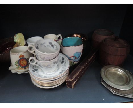 A shelve of misc including treen tea caddy and lustre ware