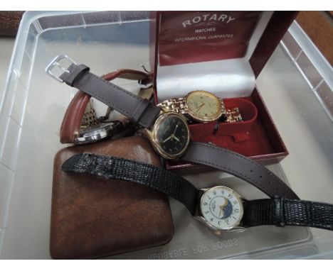 A box of various watches including Rotary, Citron and travel clock