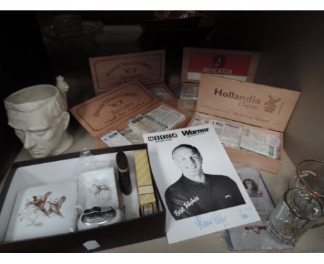 A selection of brook bond collectors cards, autograph Henry Cooper and ceramic lighter etc