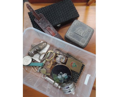A selection of miscellaneous including compact, Wedgwood black trinket box, police whistle, clutch bag etc