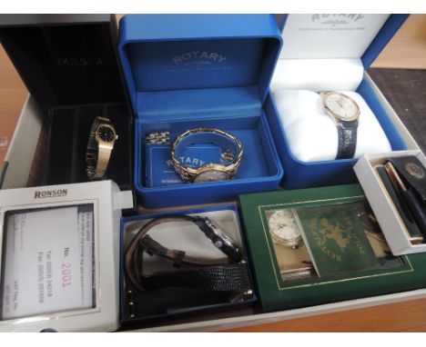 Six wrist watches including Rotary and Pulsar and three cigarette lights including Ronson 