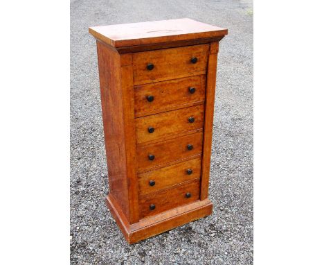 VICTORIAN BURR ELM LEGAL SECRETAIRE WELLINGTON CHEST, THE TOP DRAWER WITH A FALL FRONT ENCLOSING SIX ADJUSTABLE PIGEON HOLES 