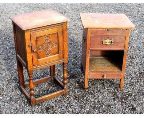 GEORGIAN STYLE MAHOGANY BEDSIDE TABLE WITH A SLIDE, TWO DRAWERS AND SHELF (65cm x 46.5cm x 42.5cm) AND A CARVED ELM BEDSIDE T