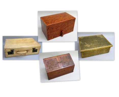 NEAR EASTERN BRASS RECTANGULAR WORKBOX WITH EMBOSSED ALL-OVER DECORATION (9.6cm x 29.3cm x 23.5cm), EDWARDIAN ARTS &amp; CRAF