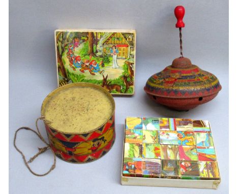 1950's HAPPYNAK TOY TIN DRUM WITH PRINTED CARD TUBE DEPICTING PORTRAITS OF MICKEY AND MINNIE MOUSE, DONALD DUCK AND GOOFY, WI