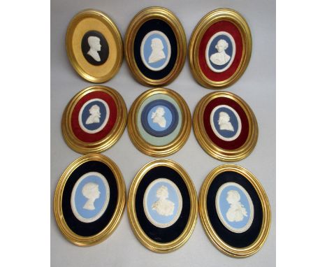 COLLECTION OF 22 WEDGWOOD JASPERWARE OVAL PLAQUES INCLUDING LORD DENNING (11cm x 8.3cm), IN GILT FRAMES AND FOUR OTHER PORTRA