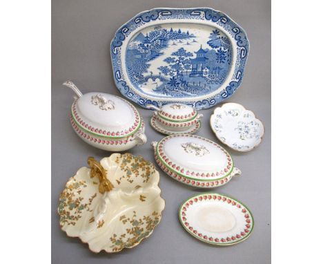 EDWARDIAN BOOTHS SILICON WARE SOUP TUREEN WITH LADLE WITH COVER, SAUCE TUREEN WITH COVER, LADLE AND TWO STANDS AND A VEGETABL