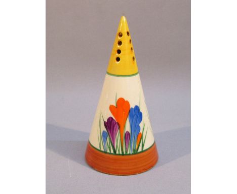 CLARICE CLIFF BIZARRE CROCUS PATTERN CONICAL SUGAR SIFTER PAINTED IN COLOURS BETWEEN YELLOW AND BROWN BANDS, PRINTED FACTORY 