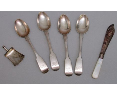 REGENCY SILVER CADDY SPOON BY W.P., BIRMINGHAM 1810 (NO HANDLE), FOUR VICTORIAN SILVER FIDDLE PATTERN TEASPOONS BY ELIZABETH 